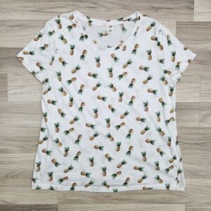 STUDIO 12 Womens White Pineapple Novelty Print Tshirt Size Large
